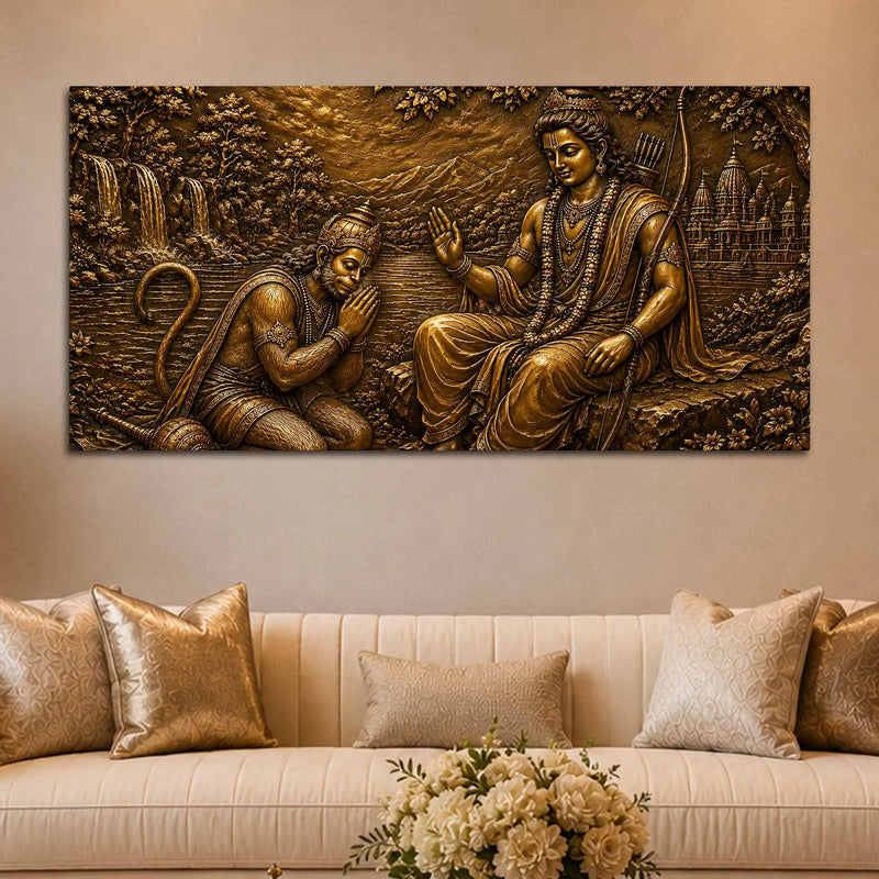 Lord Shri Ram Blessing Lord Hanuman Metallic Look 3D Canvas Wall Painting