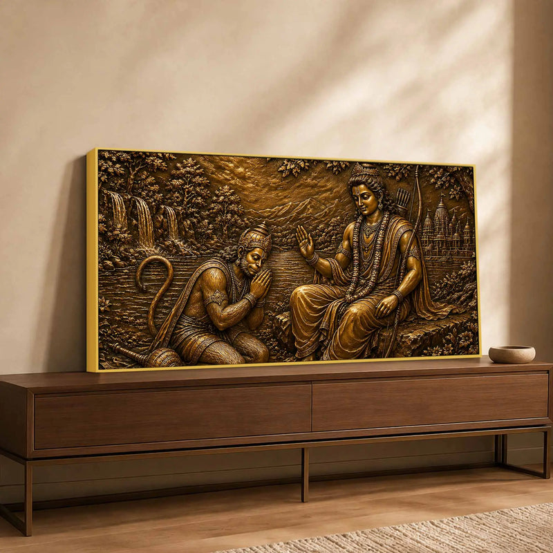 Lord Shri Ram Blessing Lord Hanuman Metallic Look 3D Canvas Wall Painting