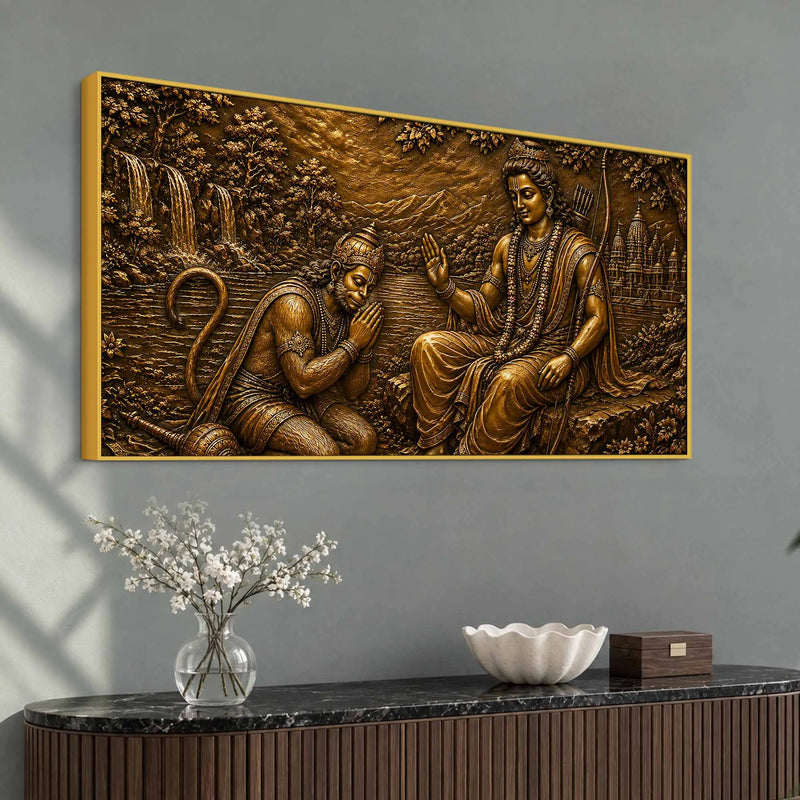 Lord Shri Ram Blessing Lord Hanuman Metallic Look 3D Canvas Wall Painting