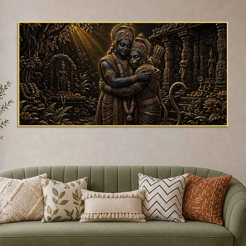 Lord Shri Ram & Hanumanji Divine Embrace Metallic Look 3D Canvas Wall Painting