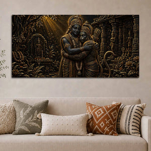Lord Shri Ram & Hanumanji Divine Embrace Metallic Look 3D Canvas Wall Painting