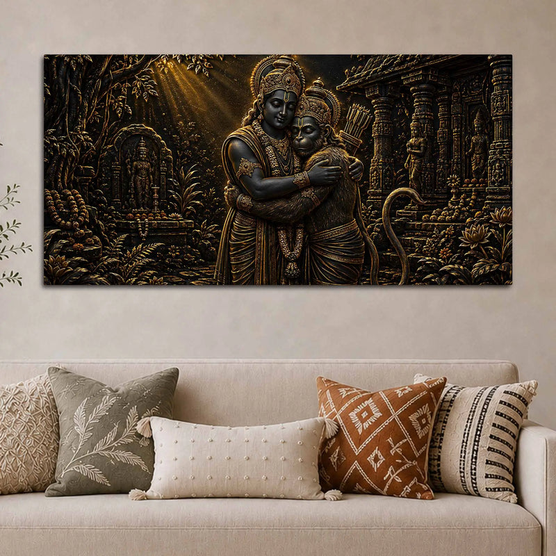 Lord Shri Ram & Hanumanji Divine Embrace Metallic Look 3D Canvas Wall Painting