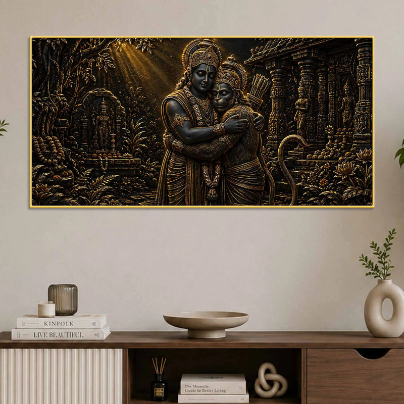 Lord Shri Ram & Hanumanji Divine Embrace Metallic Look 3D Canvas Wall Painting