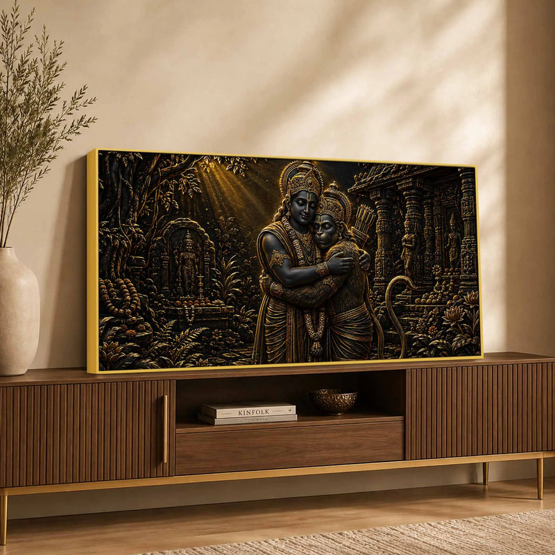 Lord Shri Ram & Hanumanji Divine Embrace Metallic Look 3D Canvas Wall Painting
