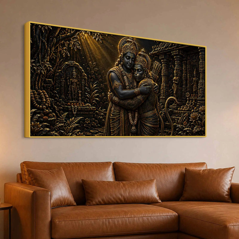 Lord Shri Ram & Hanumanji Divine Embrace Metallic Look 3D Canvas Wall Painting