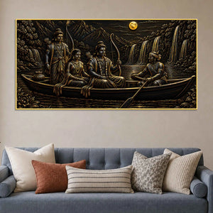 Lord Shri Ram Maa Sita & Lakshman River Journey Metallic Look 3D Canvas Wall Painting