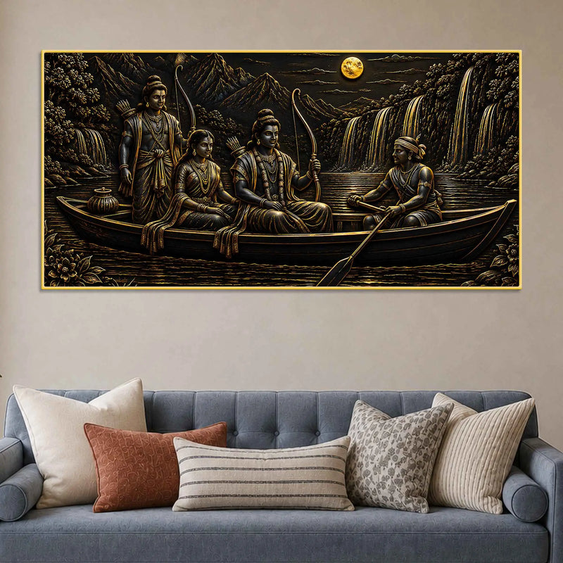 Lord Shri Ram Maa Sita & Lakshman River Journey Metallic Look 3D Canvas Wall Painting