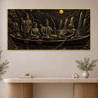 Lord Shri Ram Maa Sita & Lakshman River Journey Metallic Look 3D Canvas Wall Painting