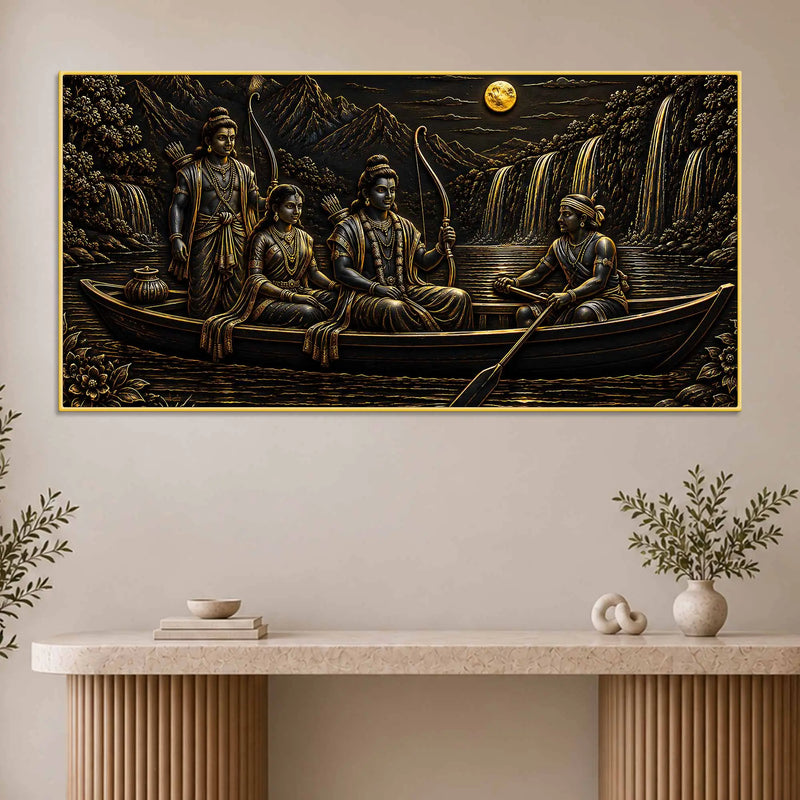 Lord Shri Ram Maa Sita & Lakshman River Journey Metallic Look 3D Canvas Wall Painting