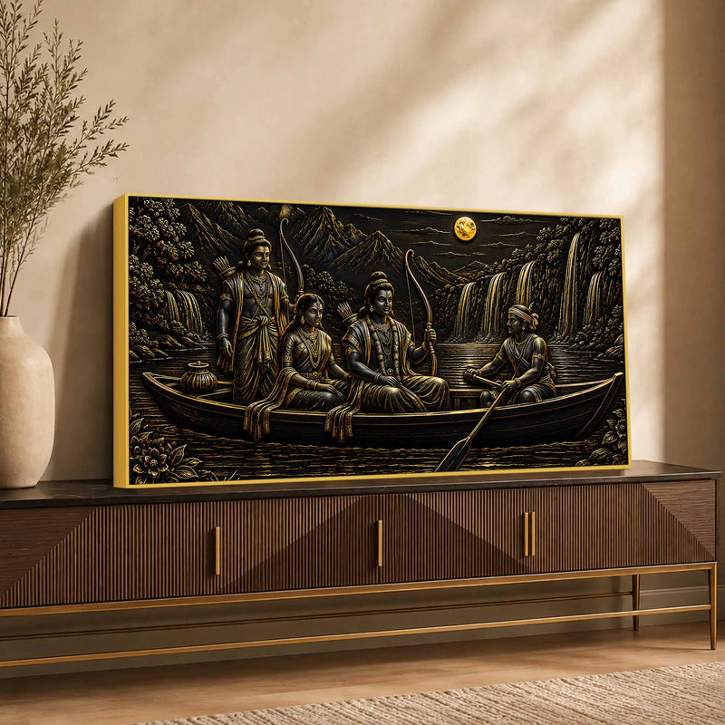 Lord Shri Ram Maa Sita & Lakshman River Journey Metallic Look 3D Canvas Wall Painting