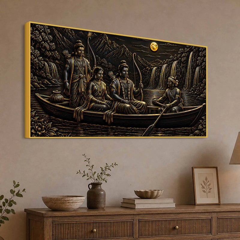 Lord Shri Ram Maa Sita & Lakshman River Journey Metallic Look 3D Canvas Wall Painting