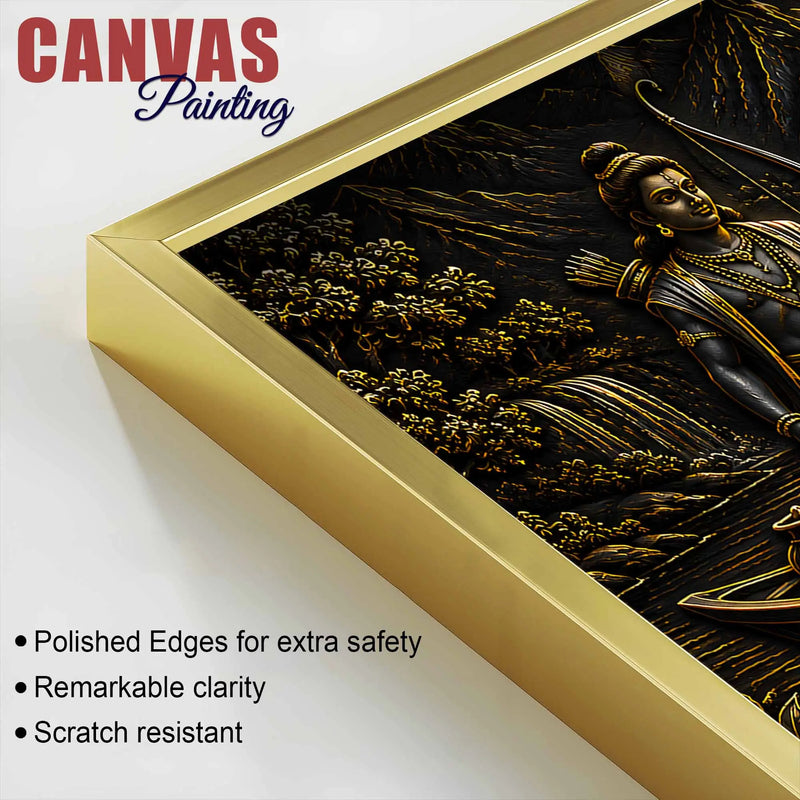 Lord Shri Ram Maa Sita & Lakshman River Journey Metallic Look 3D Canvas Wall Painting