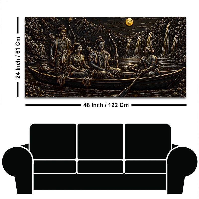 Lord Shri Ram Maa Sita & Lakshman River Journey Metallic Look 3D Canvas Wall Painting
