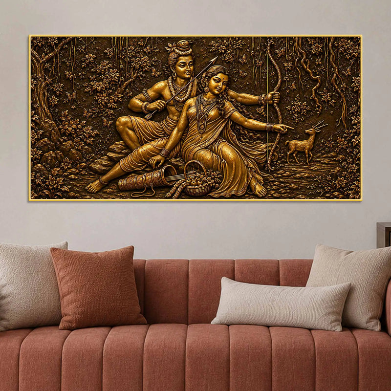 Lord Shri Ram & Maa Sita Vanvas Scene Metallic Look 3D Canvas Wall Painting