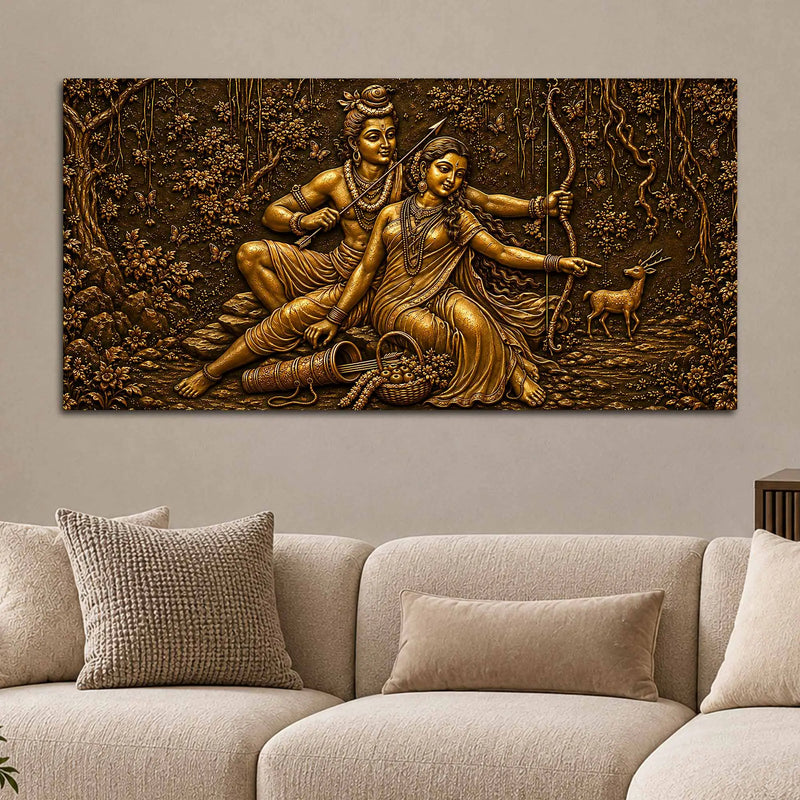 Lord Shri Ram & Maa Sita Vanvas Scene Metallic Look 3D Canvas Wall Painting