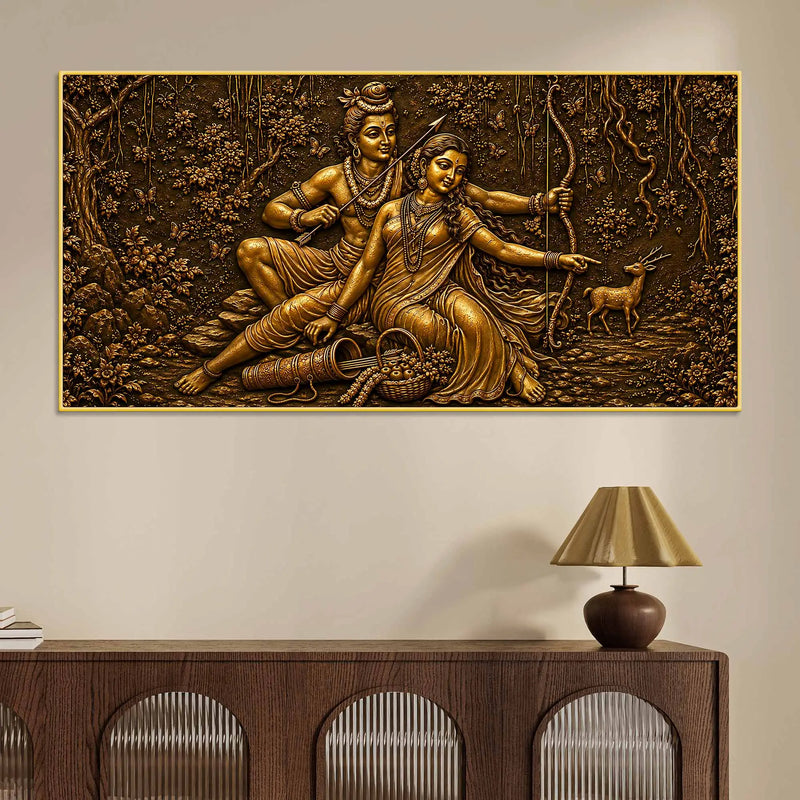 Lord Shri Ram & Maa Sita Vanvas Scene Metallic Look 3D Canvas Wall Painting