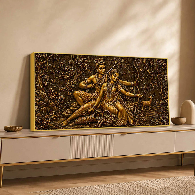 Lord Shri Ram & Maa Sita Vanvas Scene Metallic Look 3D Canvas Wall Painting