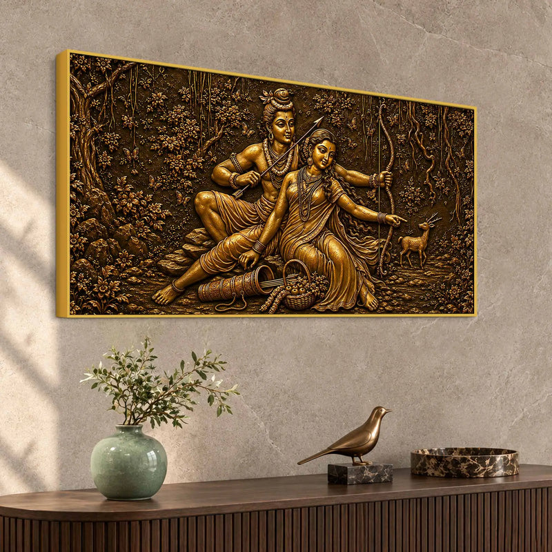 Lord Shri Ram & Maa Sita Vanvas Scene Metallic Look 3D Canvas Wall Painting