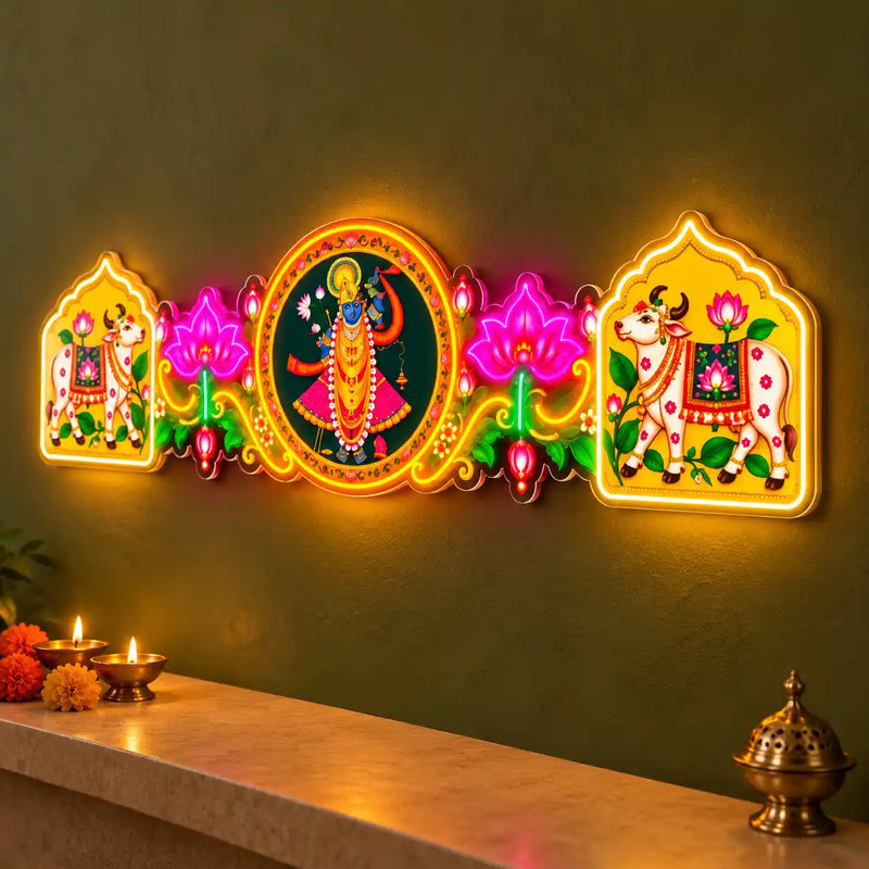 Lord Shrinath Ji Multicolor Neon LED Wall Light with Cow & Lotus Design for Home & Temple
