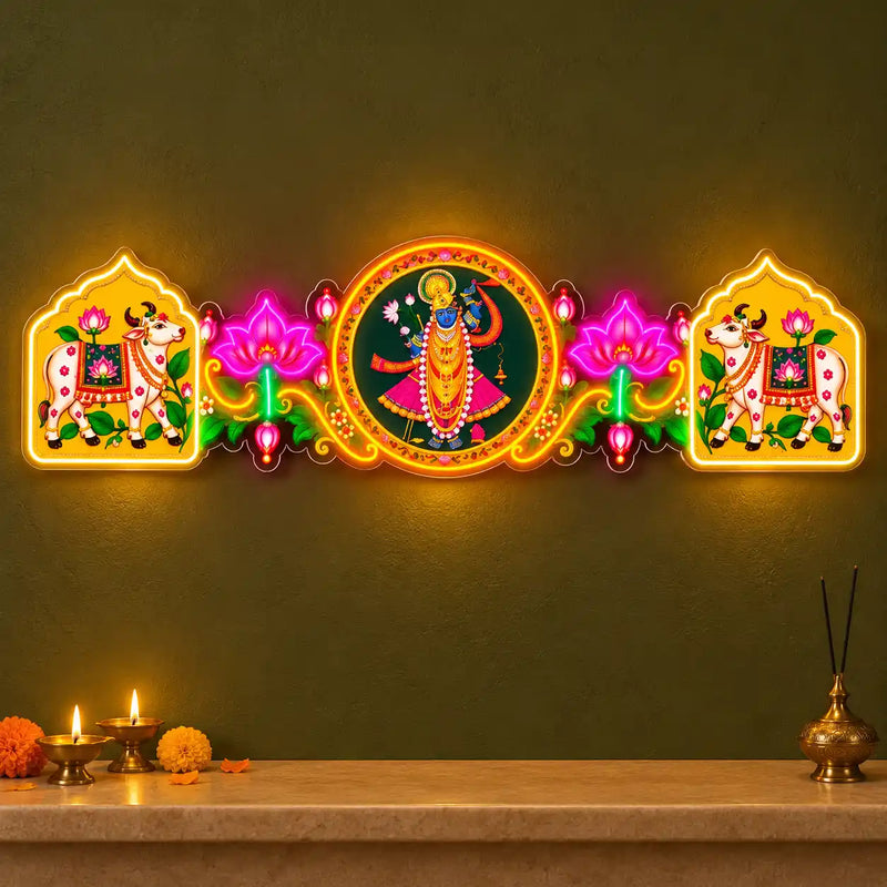 Lord Shrinath Ji Multicolor Neon LED Wall Light with Cow & Lotus Design for Home & Temple