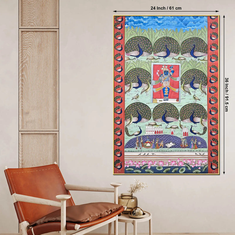 Lord Shrinath Ji with Dancing Peacocks Pichwai Style Canvas Wall Painting
