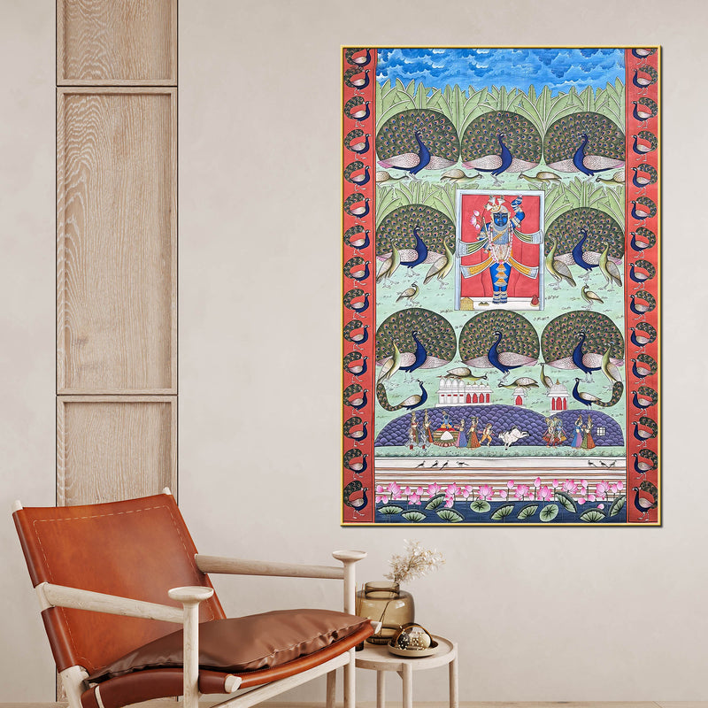 Lord Shrinath Ji with Dancing Peacocks Pichwai Style Canvas Wall Painting
