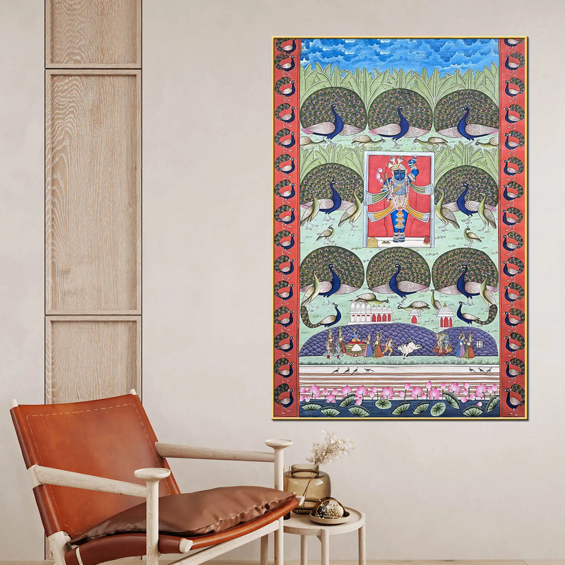 Lord Shrinath Ji with Dancing Peacocks Pichwai Style Canvas Wall Painting