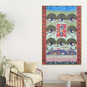 Lord Shrinath Ji with Dancing Peacocks Pichwai Style Canvas Wall Painting