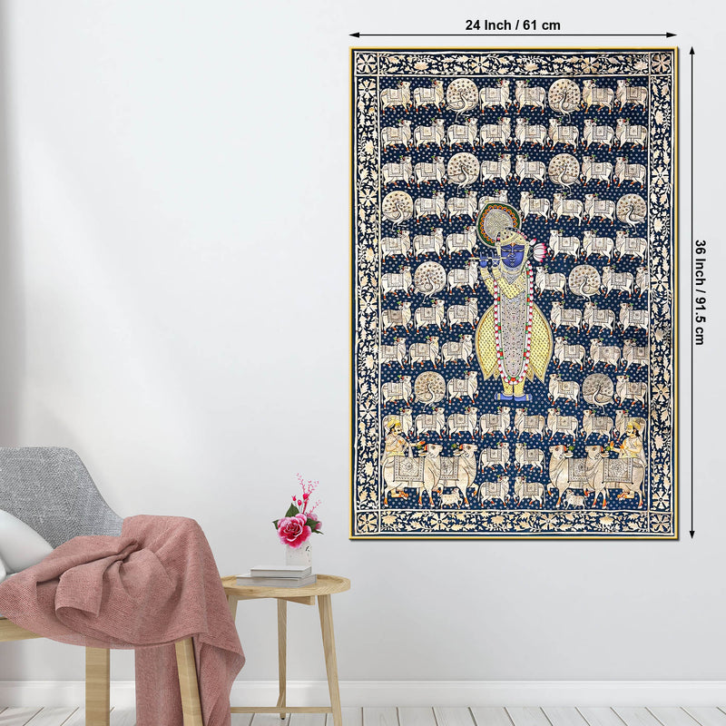 Lord Shrinathji Among the Sacred Cows Traditional Pichwai Canvas Wall Painting