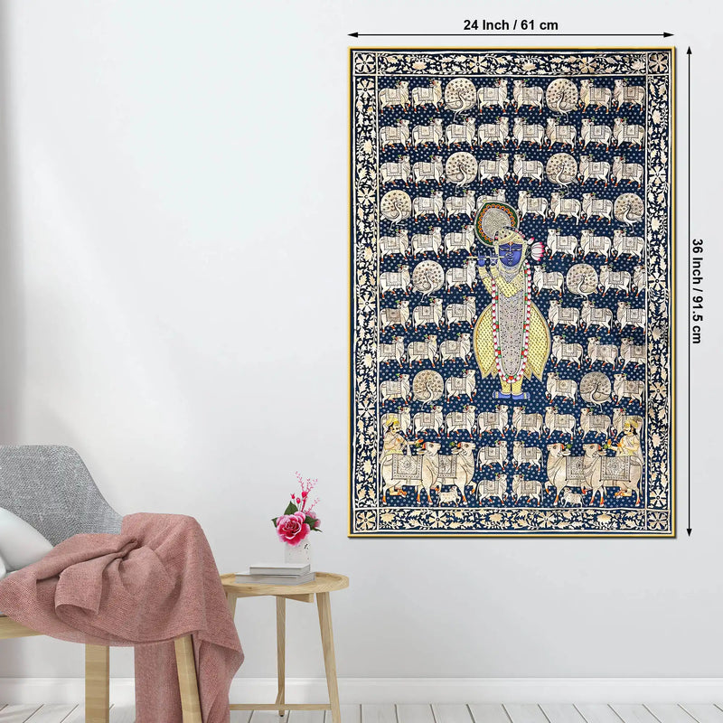 Lord Shrinathji Among the Sacred Cows Traditional Pichwai Canvas Wall Painting