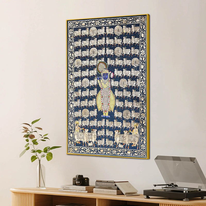 Lord Shrinathji Among the Sacred Cows Traditional Pichwai Canvas Wall Painting