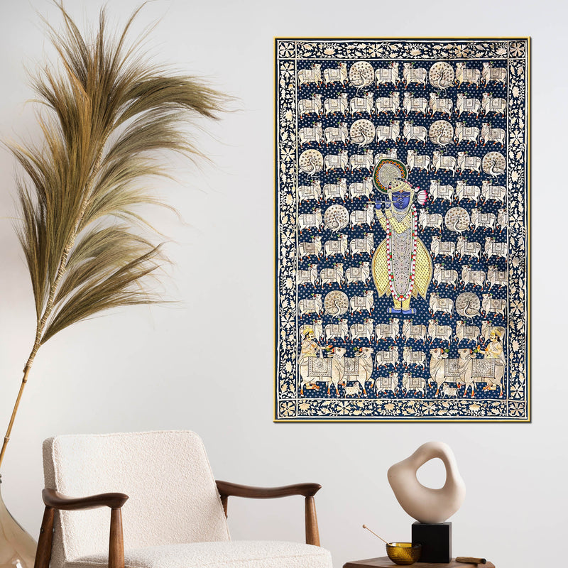 Lord Shrinathji Among the Sacred Cows Traditional Pichwai Canvas Wall Painting