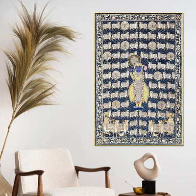 Lord Shrinathji Among the Sacred Cows Traditional Pichwai Canvas Wall Painting
