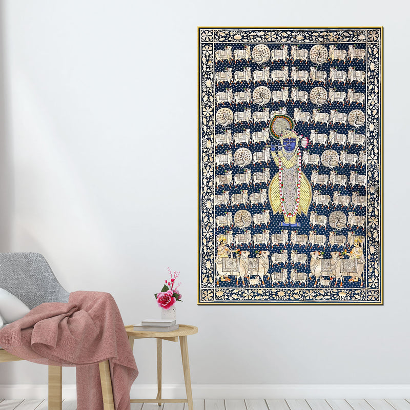 Lord Shrinathji Among the Sacred Cows Traditional Pichwai Canvas Wall Painting