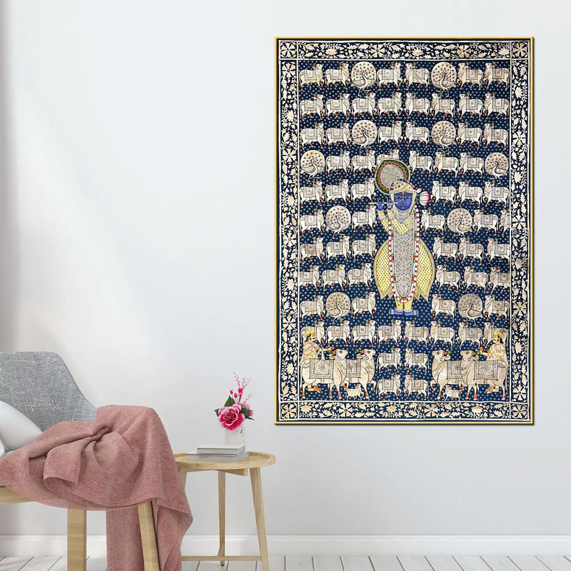 Lord Shrinathji Among the Sacred Cows Traditional Pichwai Canvas Wall Painting