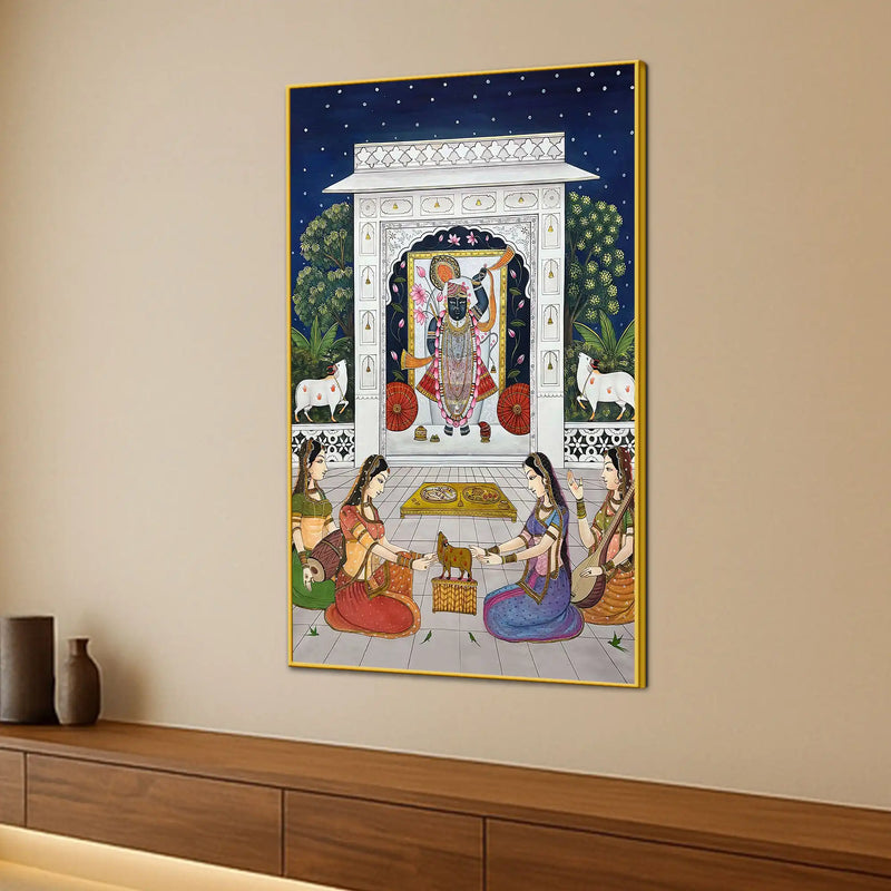 Lord Shrinathji Devotional Seva Scene Pichwai Canvas Wall Painting