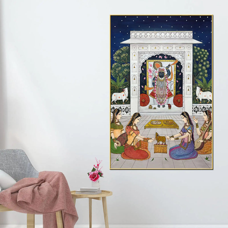 Lord Shrinathji Devotional Seva Scene Pichwai Canvas Wall Painting