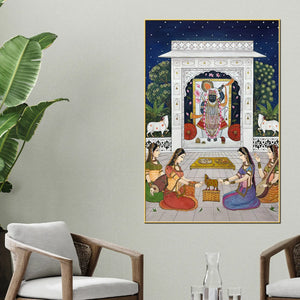 Lord Shrinathji Devotional Seva Scene Pichwai Canvas Wall Painting