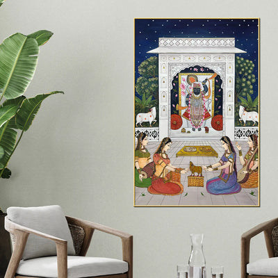 Lord Shrinathji Devotional Seva Scene Pichwai Canvas Wall Painting