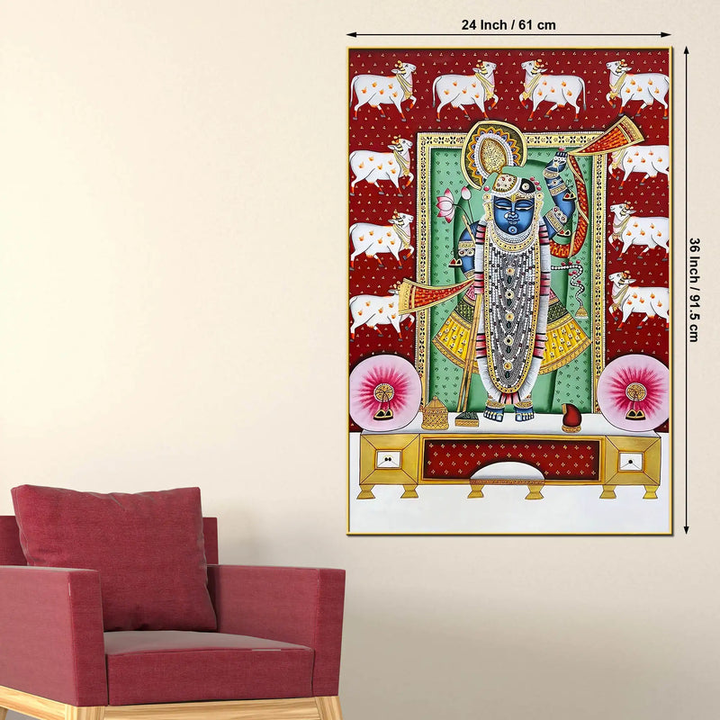 Lord Shrinathji Gau Mata Theme Pichwai Canvas Wall Painting