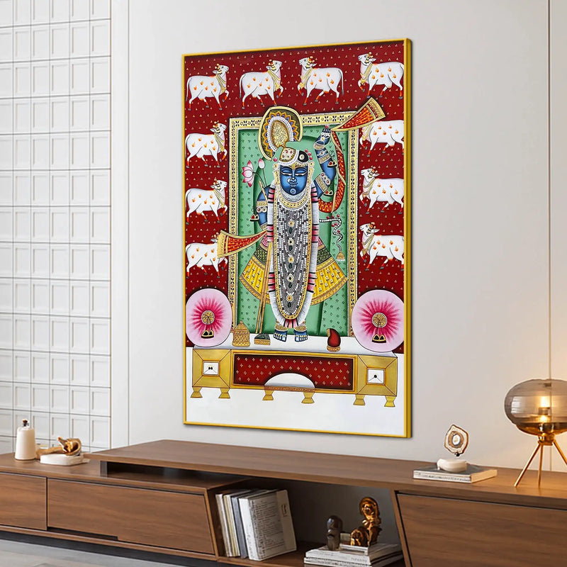 Lord Shrinathji Gau Mata Theme Pichwai Canvas Wall Painting