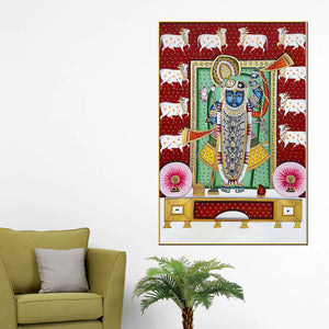 Lord Shrinathji Gau Mata Theme Pichwai Canvas Wall Painting
