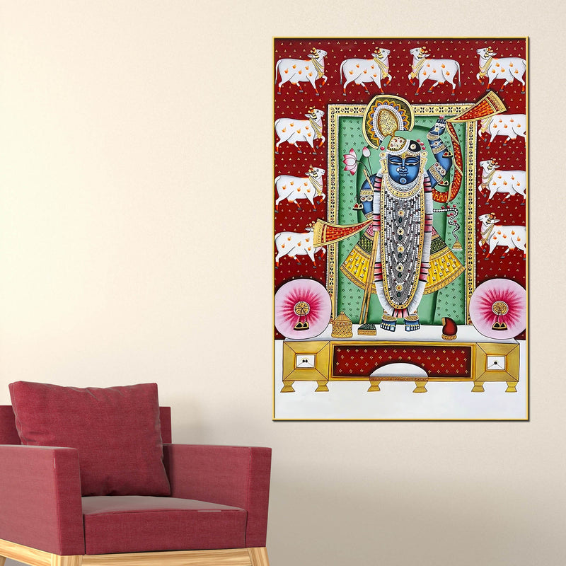 Lord Shrinathji Gau Mata Theme Pichwai Canvas Wall Painting