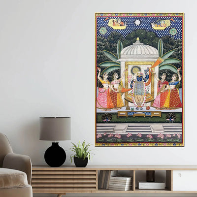 Lord Shrinathji Nathdwara Pushtimarg Krishna Temple Scene Pichwai Canvas Wall Painting