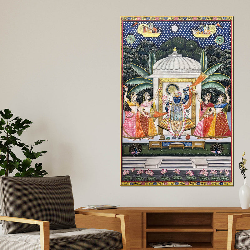 Lord Shrinathji Nathdwara Pushtimarg Krishna Temple Scene Pichwai Canvas Wall Painting