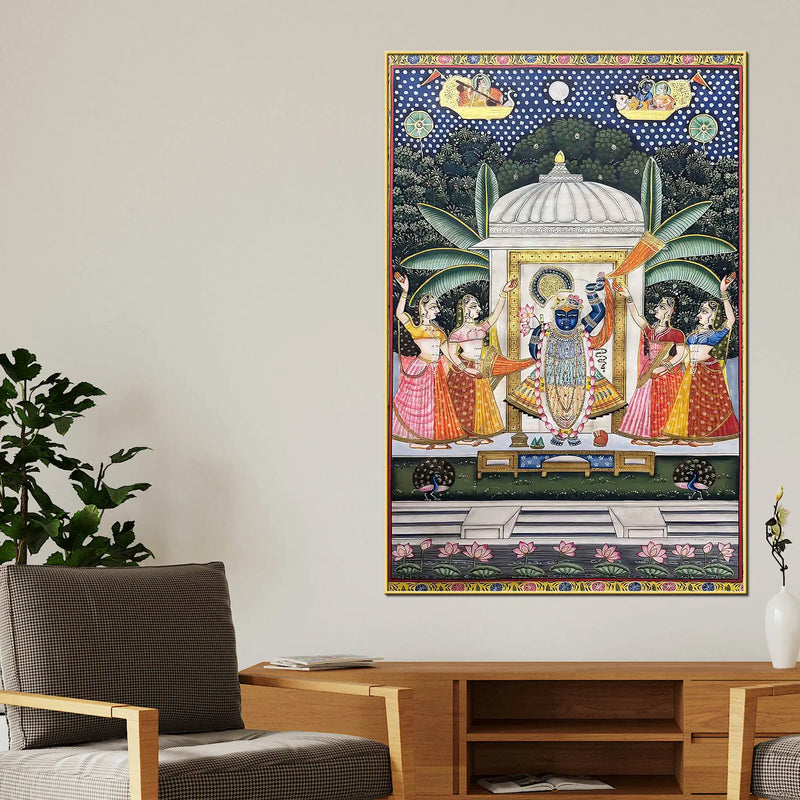 Lord Shrinathji Nathdwara Pushtimarg Krishna Temple Scene Pichwai Canvas Wall Painting