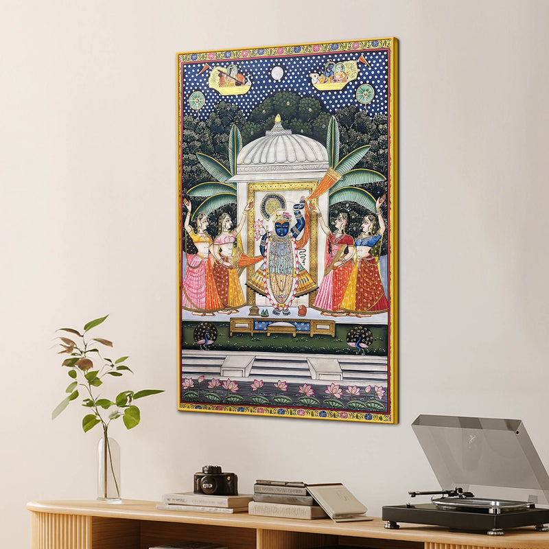 Lord Shrinathji Nathdwara Pushtimarg Krishna Temple Scene Pichwai Canvas Wall Painting