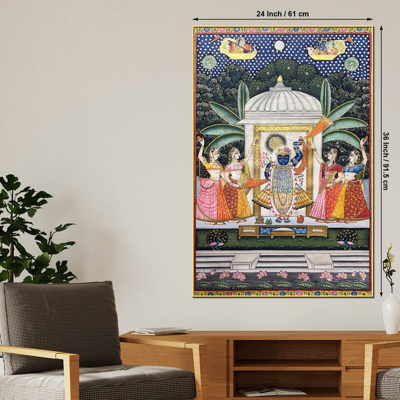 Lord Shrinathji Nathdwara Pushtimarg Krishna Temple Scene Pichwai Canvas Wall Painting