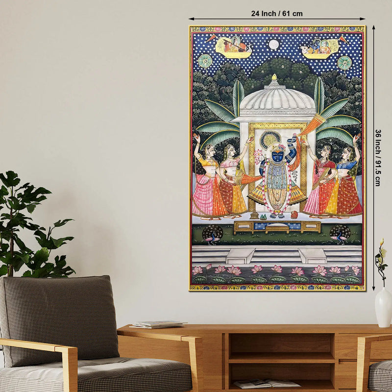 Lord Shrinathji Nathdwara Pushtimarg Krishna Temple Scene Pichwai Canvas Wall Painting