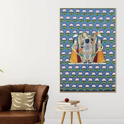 Lord Shrinathji Nathdwara Style Lotus Pattern Pichwai Canvas Wall Painting